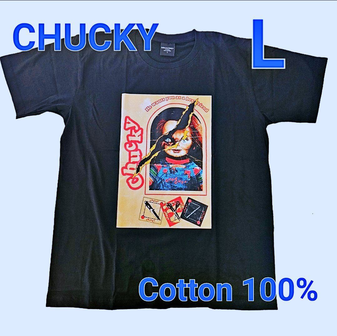 【新品】Tシャツ黒Lサイズ チャッキーCHUCKY ユニバチャイルドプレイ殺人鬼 ヴィンテージ古着メンズレディース 綿コットン大きめ大判シャツ拍卖