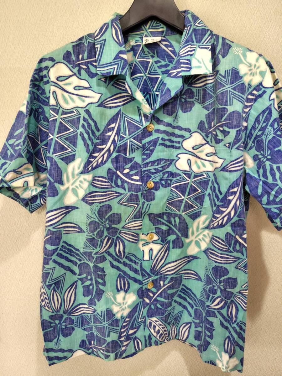 美品ヴィンテージ★New Horizon ニューホライゾン Made In Hawaii ハワイ直輸入品 ボタニカル柄 USAのMサイズ 裏地 ブルー×グリーン拍卖