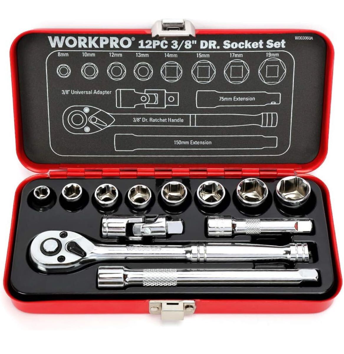 WORKPRO ソケットレンチセット ガレージツールセット ラチェットレンチ 差込角9.5mm3/8インチ工具道具 セット 12点組【鉄製ケース付属】拍卖