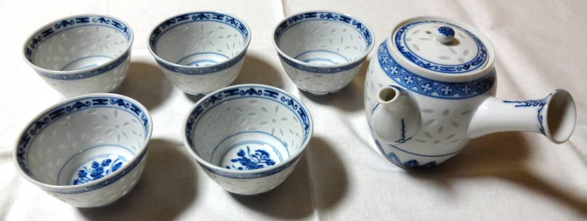 蛍透かし茶器セット(急須1個・湯呑5個)、中華料理茶器、ウーロン茶・ジャスミン茶用に拍卖