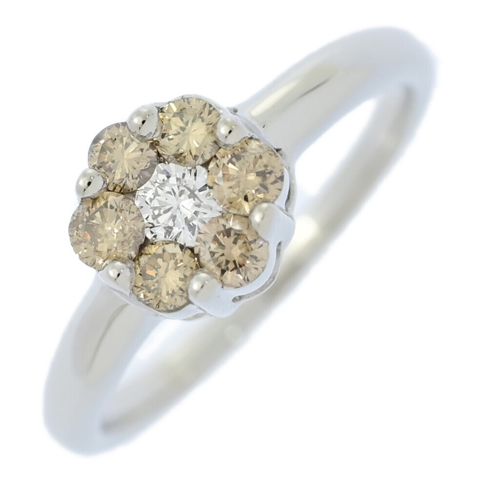 0.50ct/フラワーモチーフ 7P・ブラウンダイヤモンド カラーレスダイヤ リング・指輪/K18WG-3.4g/12号/#52/ホワイトゴールド■582432拍卖