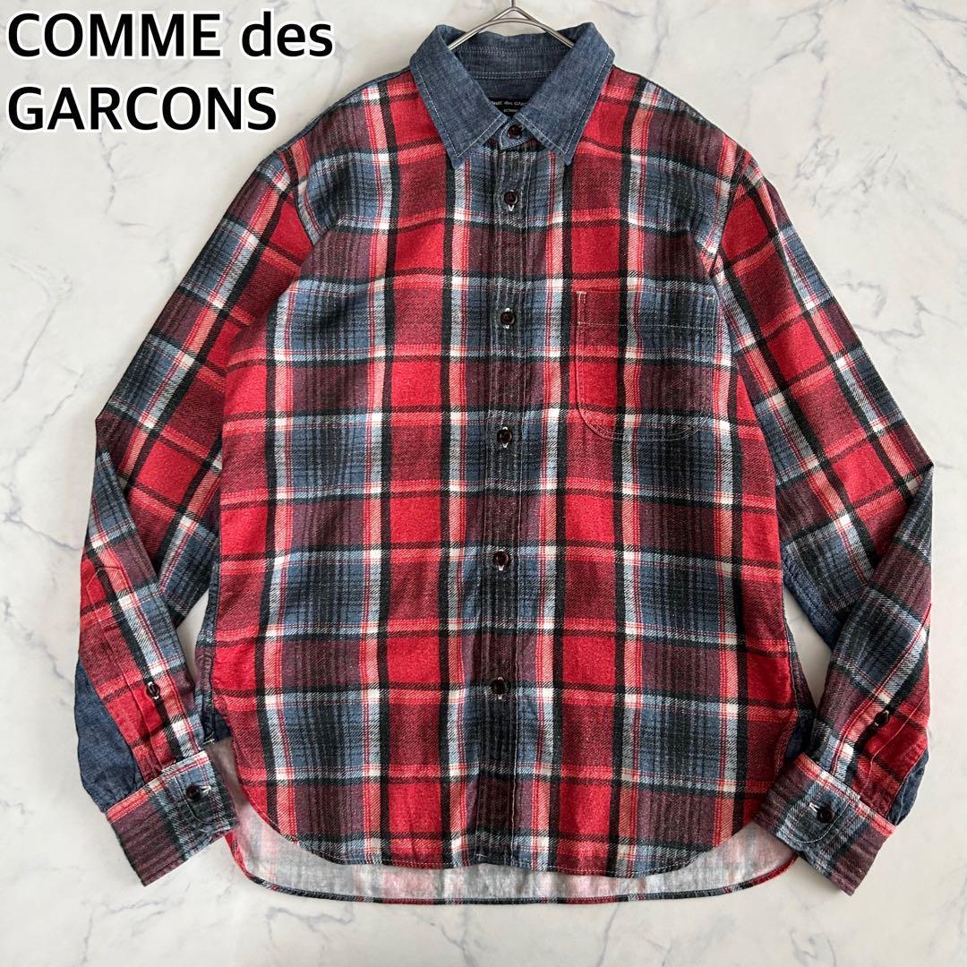 COMME des GARCONS HOMME コムデギャルソンオム 長袖 ネルシャツ チェック 異素材切替 デニム生地 ドッキング Sサイズ拍卖