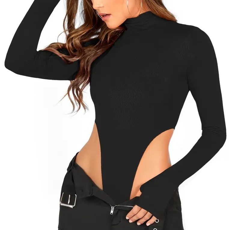 ハイレグ ボディスーツ ハイネック 長袖 ブラック Lサイズ (1718)拍卖