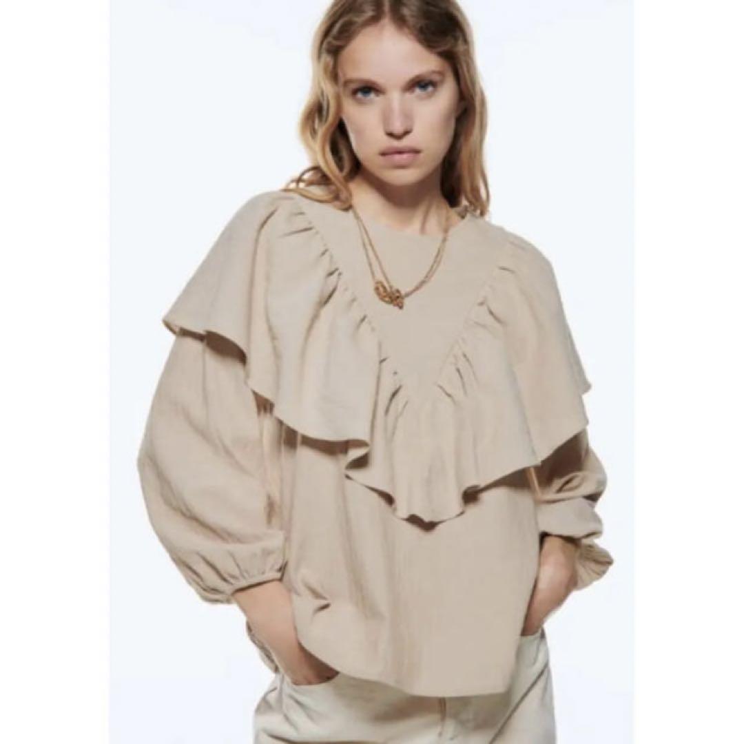 ザラ ZARA ブラウス【S】ビッグフリル ベージュ コットン100% 美品拍卖