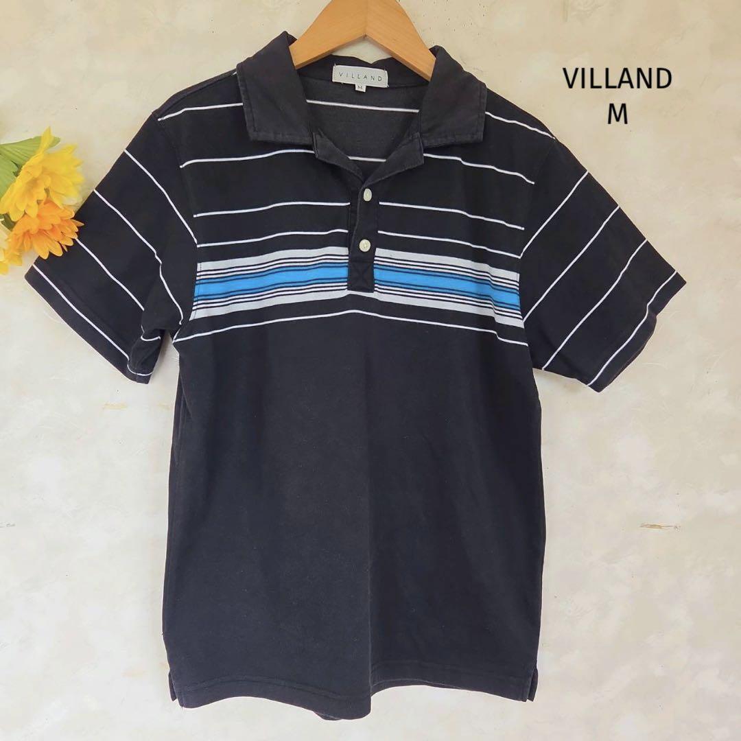 ビランド VILLAND ポロシャツ【M】半袖 ボーダー 黒 メンズ拍卖