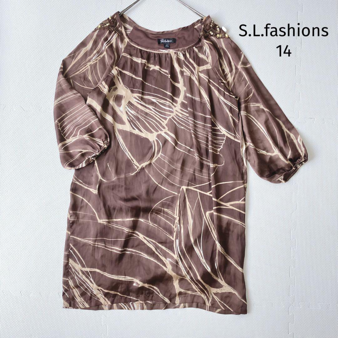 S.L.fashions ワンピース【14】九分袖 総柄 ブラウン ビジュー拍卖