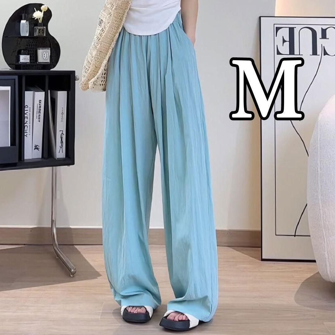 カジュアルパンツ 青緑 レディース ウエストゴム 薄め ロングパンツ FE29拍卖