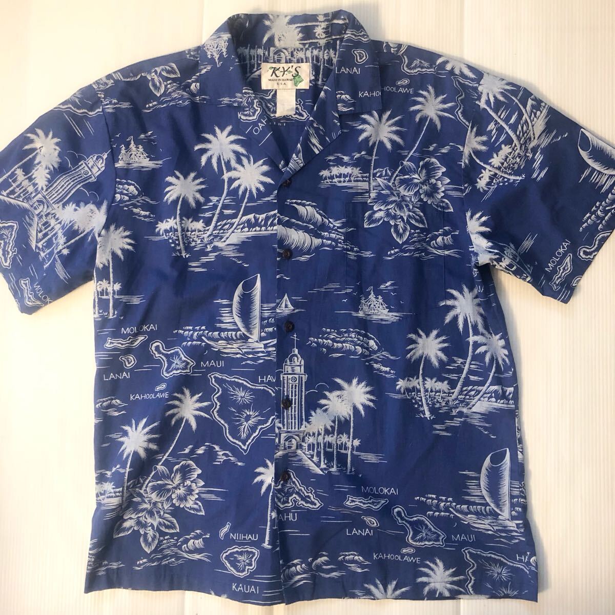 KY'S MADE IN HAWAII U.S.A. L 風景柄 ハワイアンシャツ アロハシャツ ネイビーブルー拍卖
