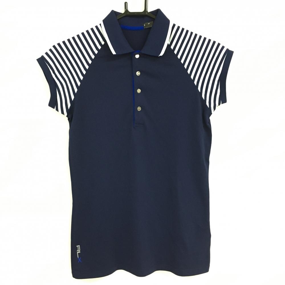 【美品】RLXラルフローレン 半袖ポロシャツ ネイビー×白 袖ストライプ レディース サイズ表記なし ゴルフウェア Ralph Lauren拍卖