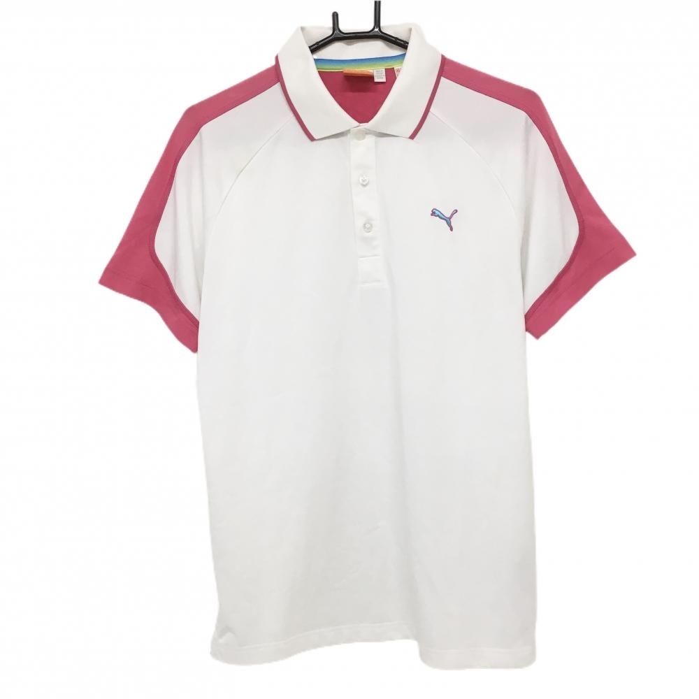 プーマ 半袖ポロシャツ 白×ピンク COOL CELL 袖下・背面メッシュ メンズ US-S ゴルフウェア PUMA拍卖