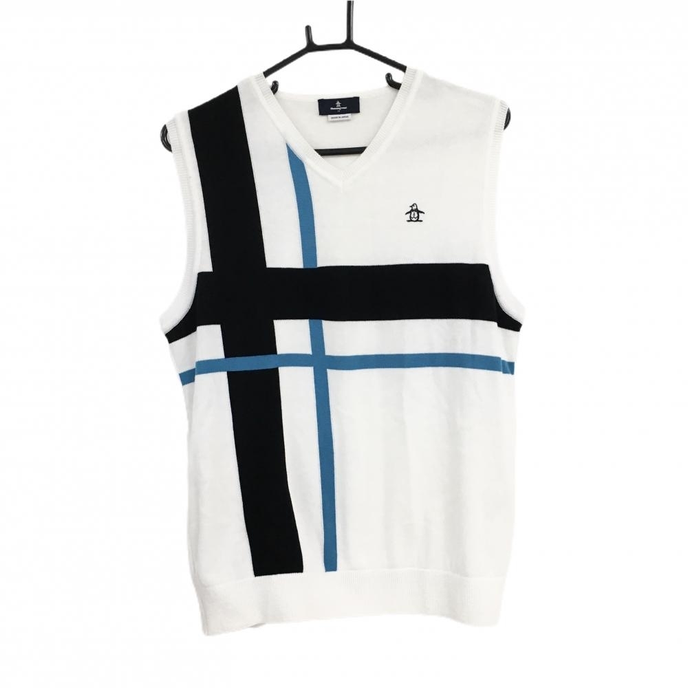 【美品】マンシングウェア ニットベスト 白×黒×ライトブルー 前身頃ライン 胸ロゴ Vネック メンズ M ゴルフウェア Munsingwear拍卖