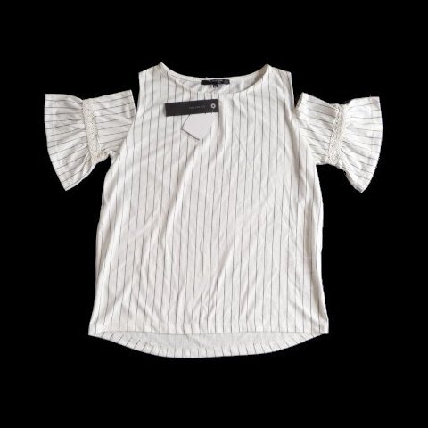 新品 AQUAHISTORY 肩開き トップス 肩出し ボーダー 白 カットソー ストライプ かぎ編みレース オープンショルダー拍卖