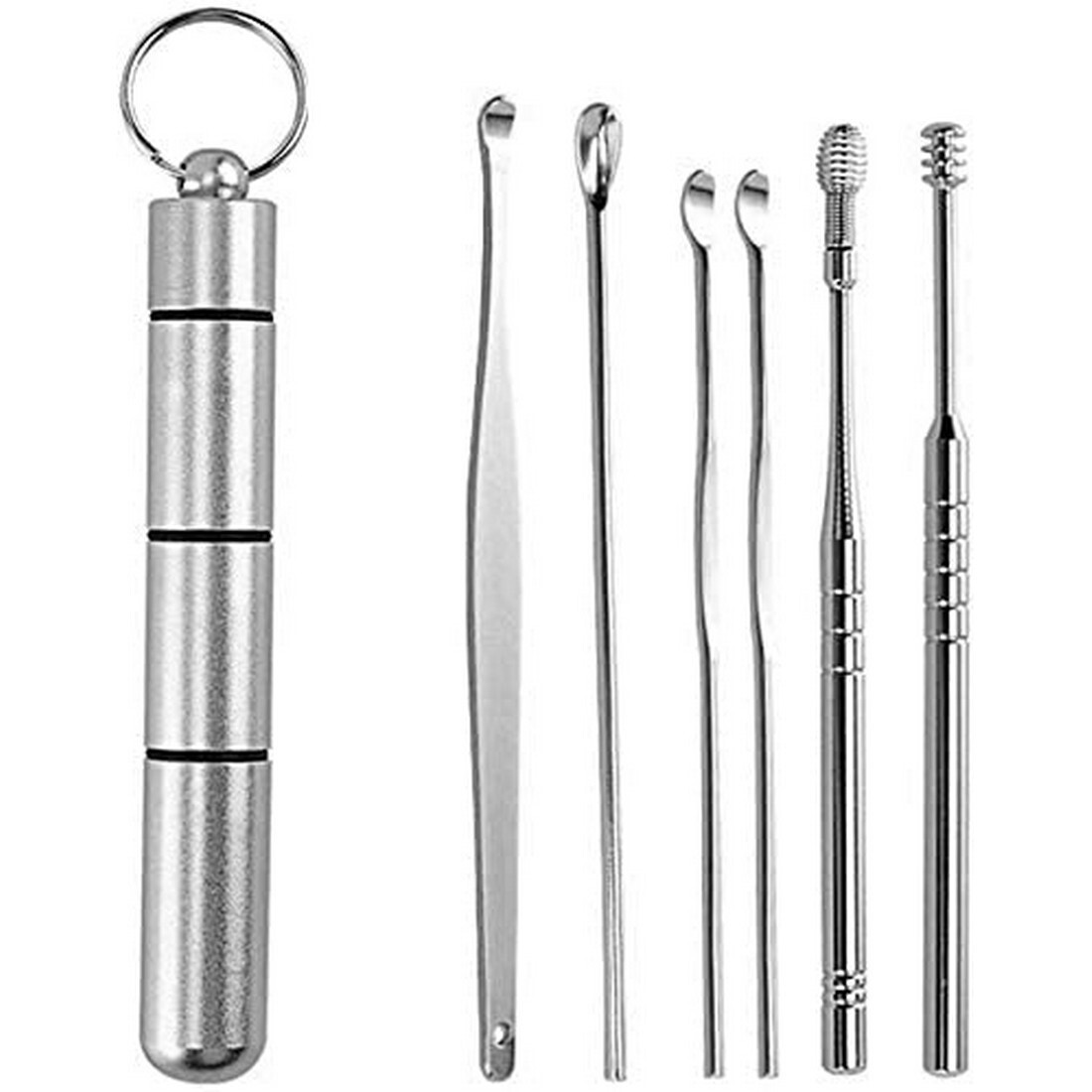 耳かき 耳掃除 コンパクト ステンレス 携帯 6本セット 耳かきセット ケース付属 キーリング付き 耳掃除セット拍卖