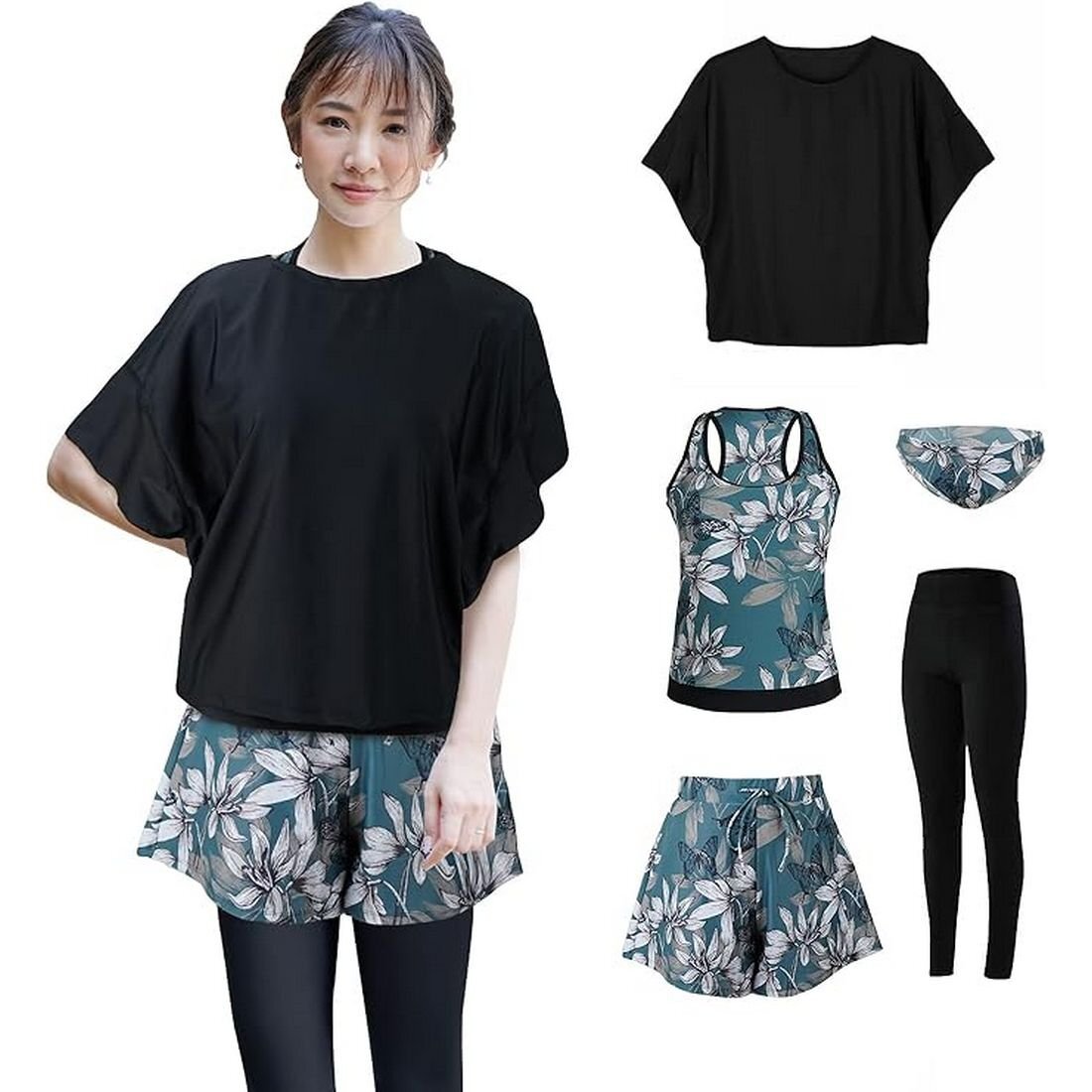 水着5点セット Mサイズ デザインB 水着 レディース 体型カバー タンキニ 5点 セット タンクトップ ショート拍卖