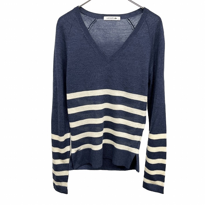 ラコステ 薄手 ニット セーター Vネック ボーダー スリムフィット 長袖 ウール100% M ヘザーネイビー 杢紺×オフホワイト レディース拍卖