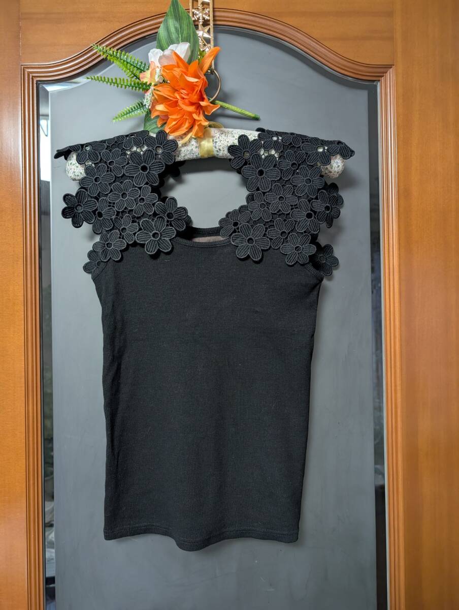 【FRENCH PAVE】cawaii フレンチパヴェ 花柄モチーフ タンクトップ ブラック L 2L ☆彡拍卖