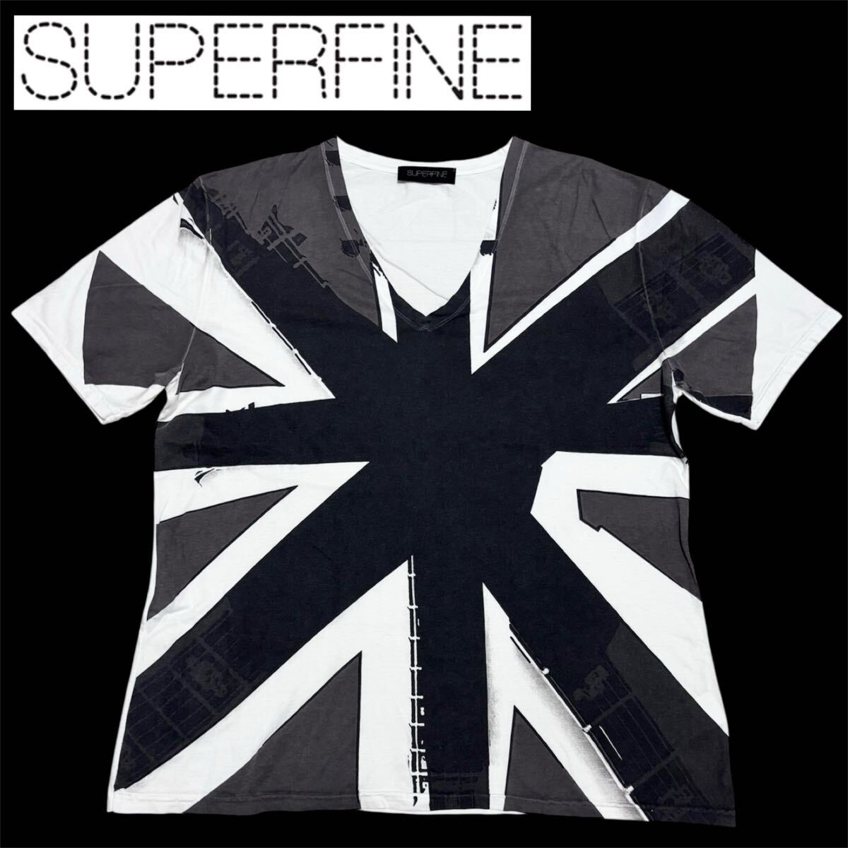 レア■SUPERFINE スーパーファイン■ユニオンジャック Tシャツ Vネック M ブラック グレー ホワイト イタリア製拍卖
