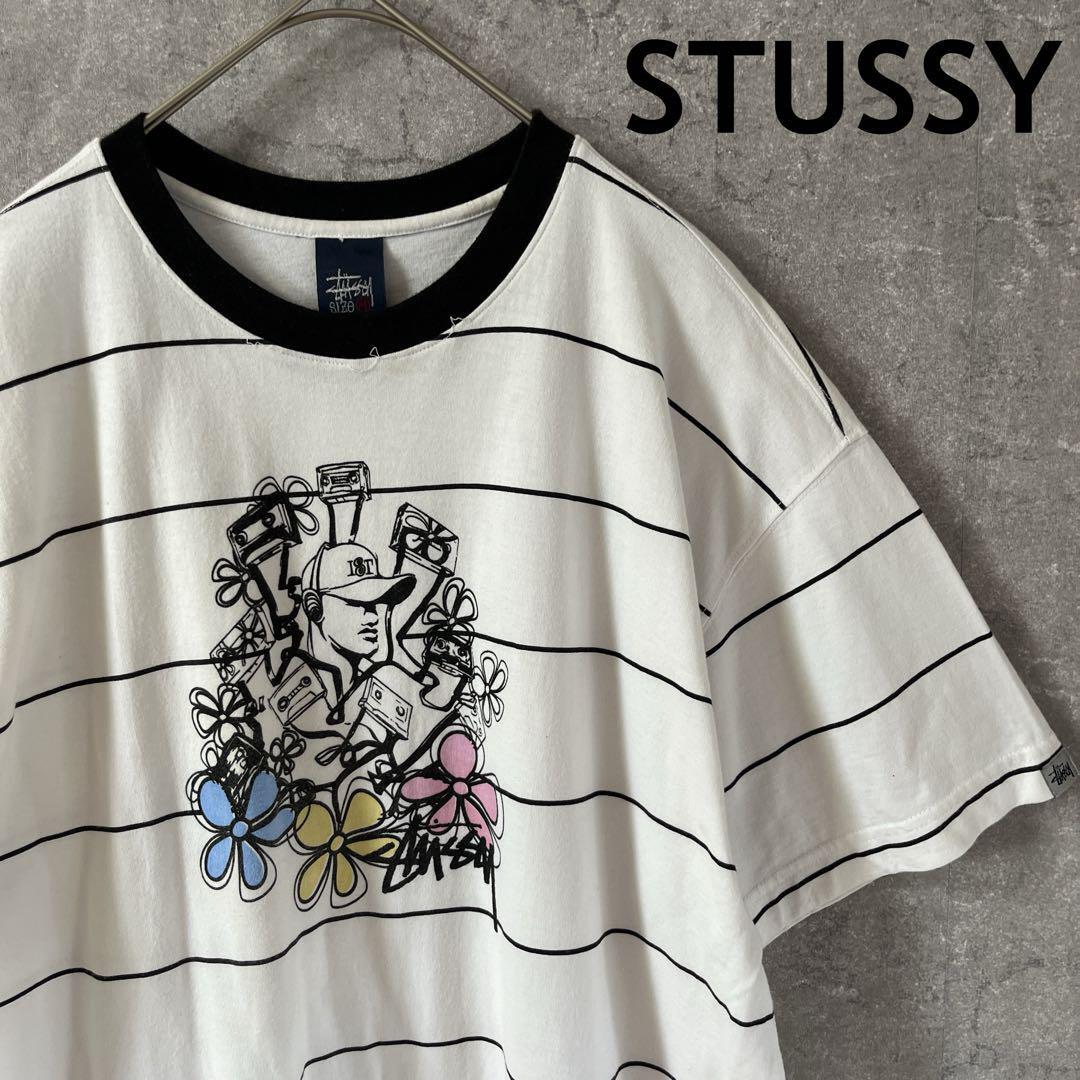 STUSSY 80s ボーダーTシャツ 半袖 Mメンズ リンガーネック拍卖