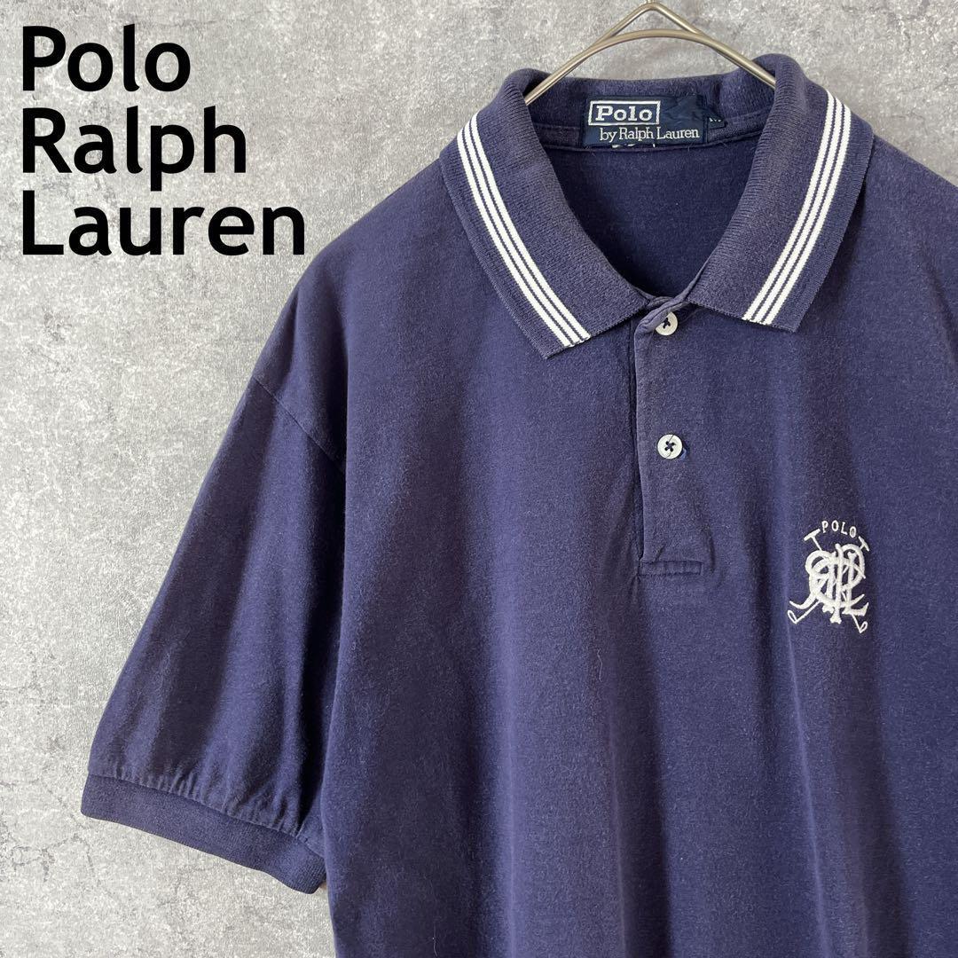 Ralph Lauren 90s ロゴネイビー ポロシャツ コットンMメンズ半袖拍卖