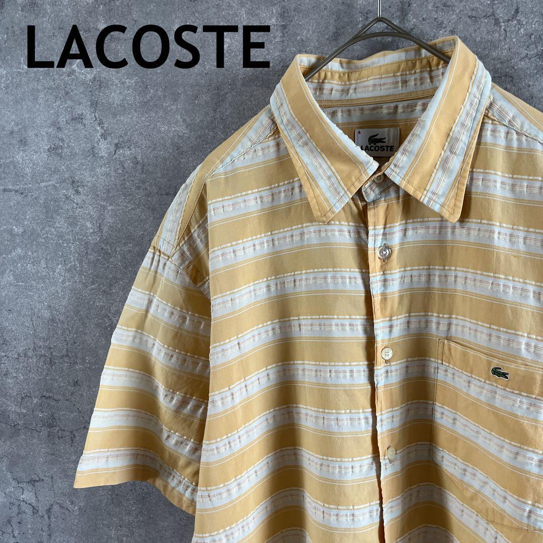 LACOSTEボーダーシャツ 半袖ワッシャーサッカーサイズ4 ボタンダウン日本製拍卖