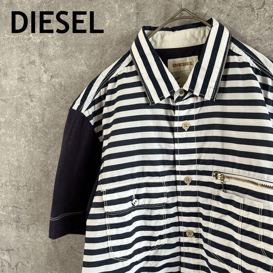 DIESEL ボーダーシャツ 切替袖 バックプリント メンズSサイズ拍卖