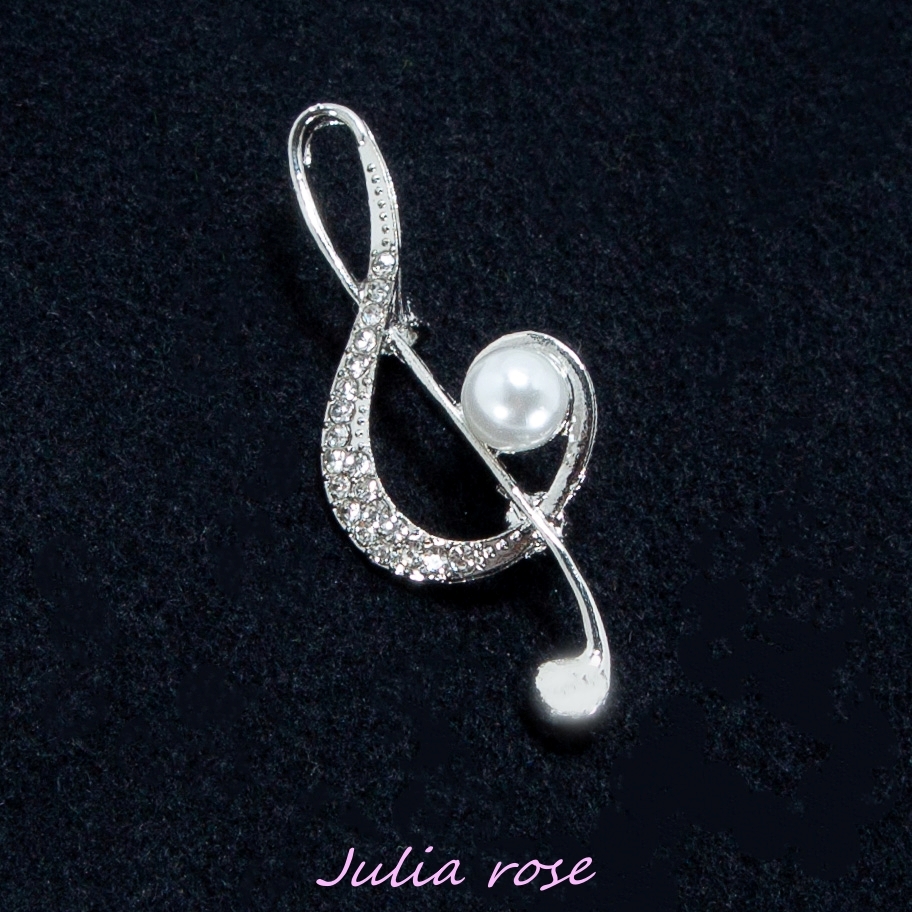 1粒パールとト音記号のブローチ フェイクパール ラインストーン シルバーカラー シンプル 新品拍卖