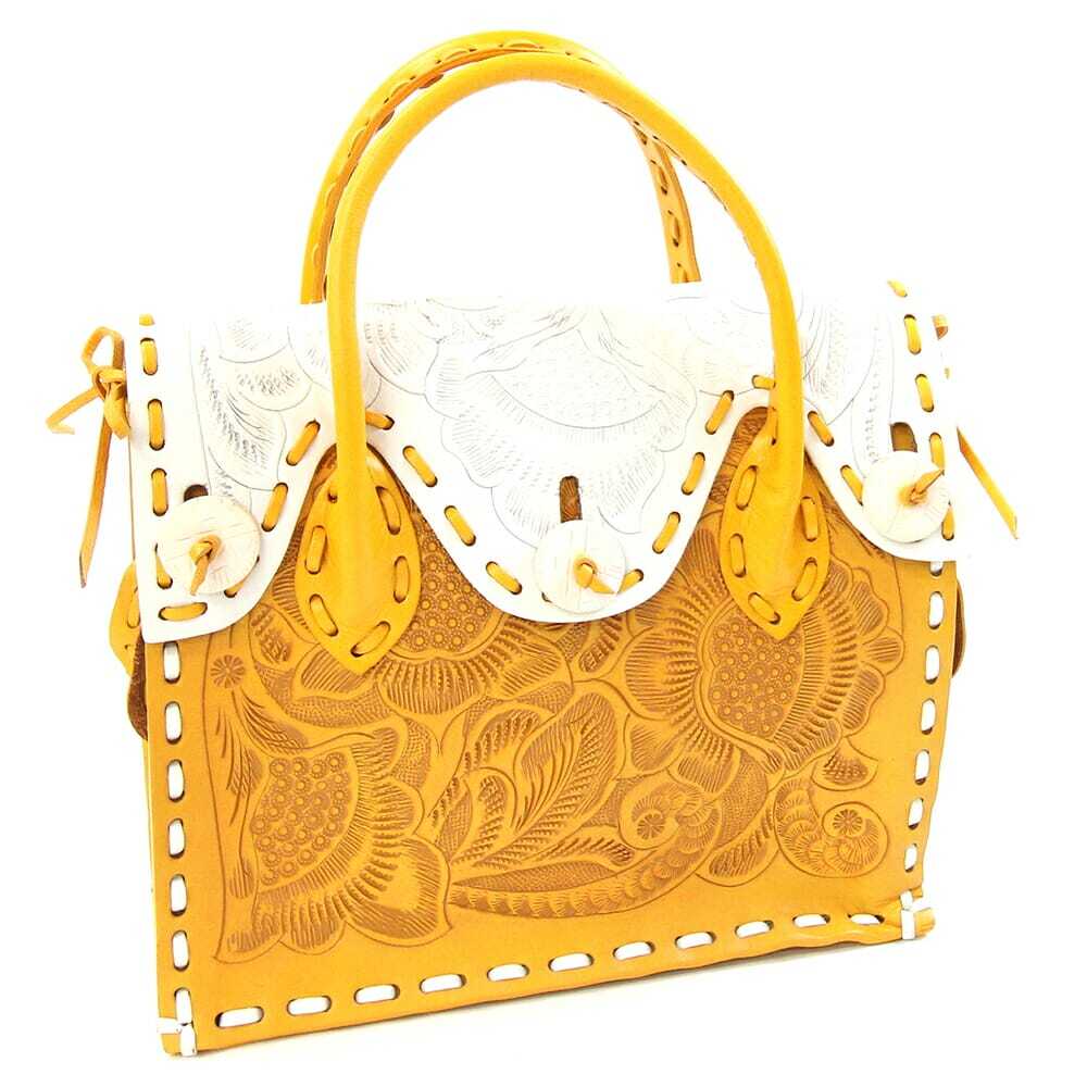グレースコンチネンタル ハンドバッグ カービングストライプス マエストラ ホワイト イエロー 中古 オールレザー 花 フラワー拍卖