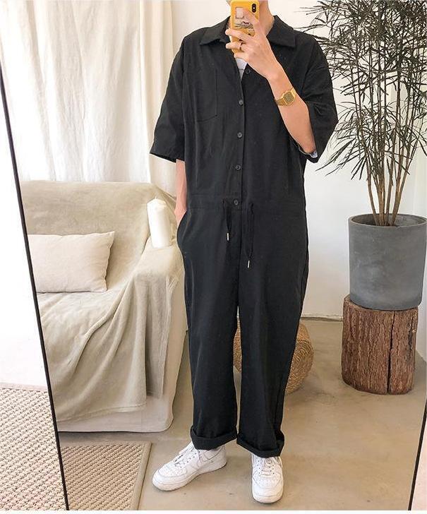 オーバーオール オールインワン メンズ つなぎ ツナギ おしゃれ 無地 折襟 5分丈 カーゴつなぎ ブラック M拍卖