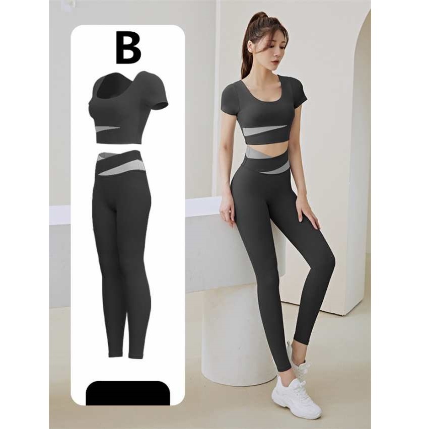 ヨガウェア レディース 上下セット 室内 おうちヨガ 体型カバー Uネック ショート丈トップス カップ付き ブラック XL拍卖