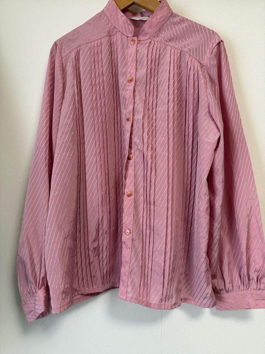 昭和レトロ 長袖 ブラウス ピンク ナナメストライプ拍卖