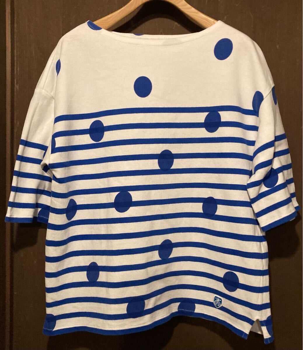 再↓★ORCIVALオーシバル★人気ラッセルフレンチセーラードットボーダーハーフスリーブTシャツ ホワイト×ブルー フランス製 コットン拍卖
