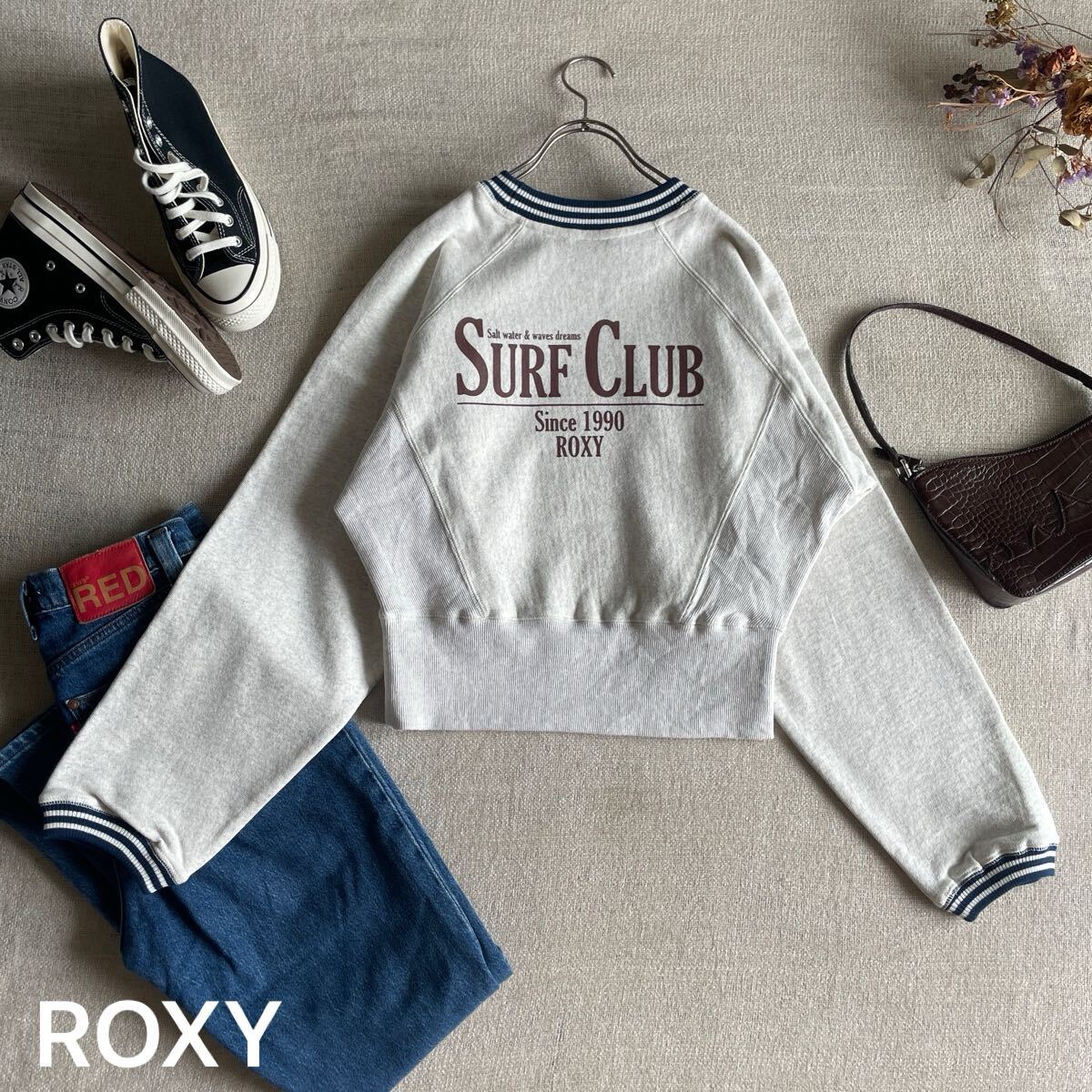 ROXY スウェットトレーナー ショート丈 チビ 長袖 カットソー ロキシー フリーサイズ 美品 トップス ロゴ バックプリント グレー拍卖