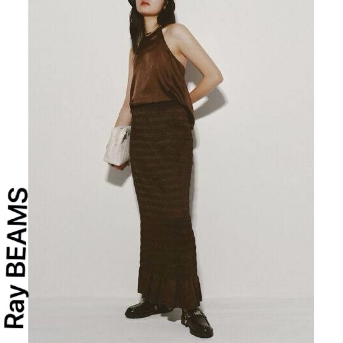 BEAMS サテンシャーリングスカート レイビームス フリル 光沢 ドレス ボトムス フリーサイズ 美品 ロング マキシスカート ギャザー拍卖