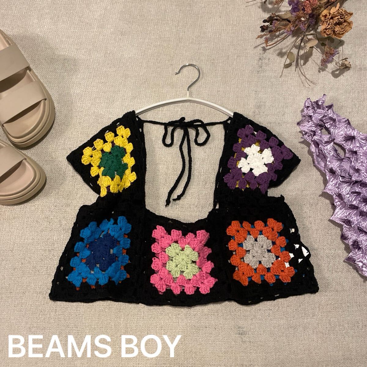 BEAMS BOY ハンドクロッシェベスト レース編み キルティング ビームスボーイ レディースフリーサイズ 黒 ニット トップス 美品拍卖