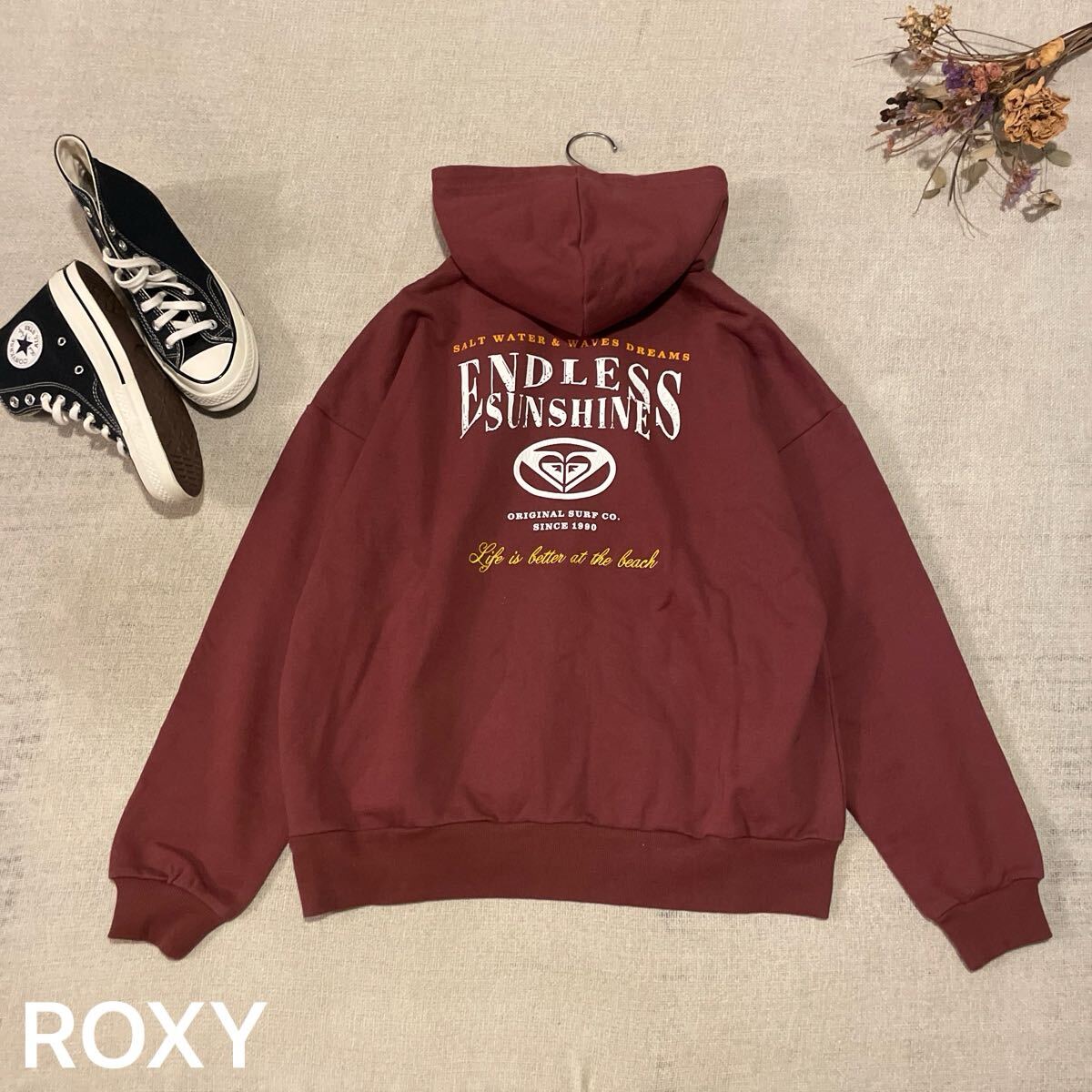 ROXY ジップパーカー 長袖 トレーナー フリーサイズ 美品 ロゴ ロキシー スウェットトップス フーディー フード バーガンディー拍卖