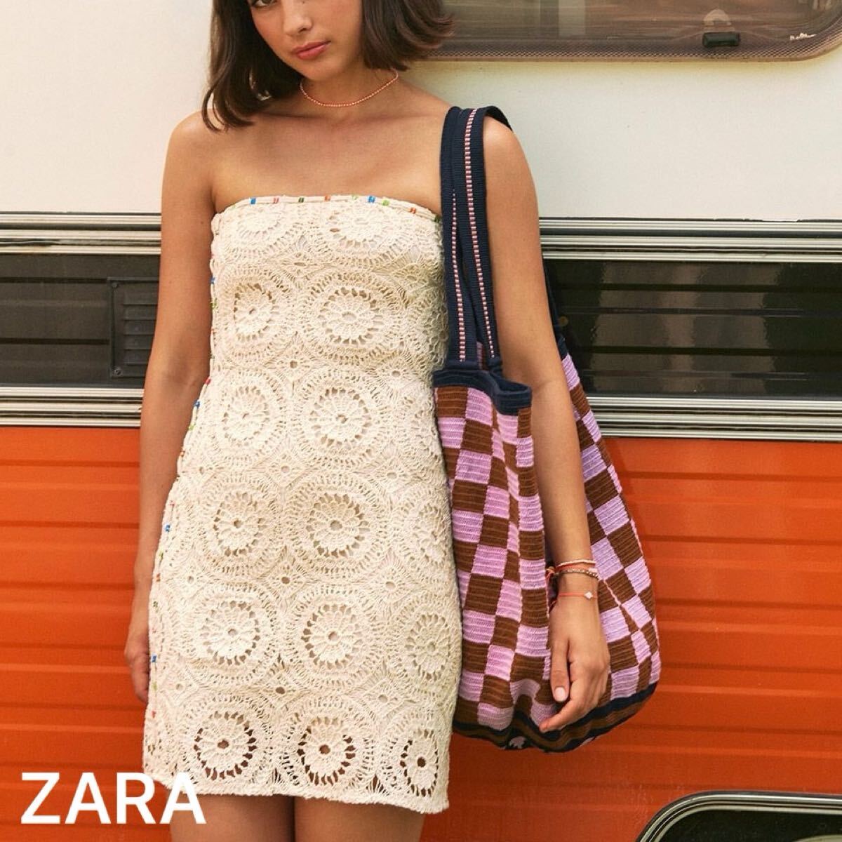 ZARA クロシェストラップレスワンピース 白 刺繍 ザラ レディースSサイズ 未使用 ミニスカート タイトワンピース ドレス レース拍卖
