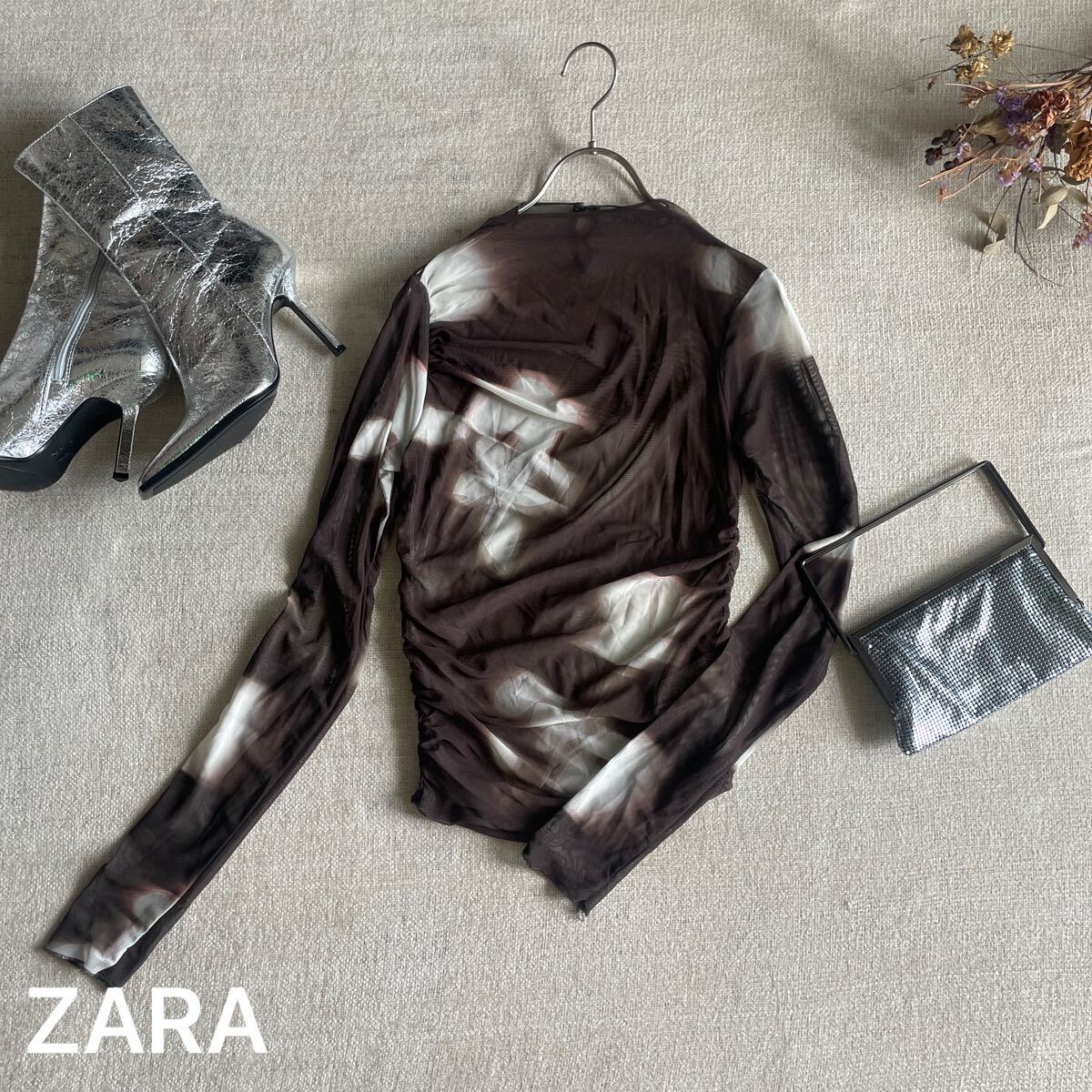 ZARA プリントチュールトップス 長袖 シースルー レディースXSサイズ 未使用 ザラ トップス カットソー ブラウン タイトフィット拍卖
