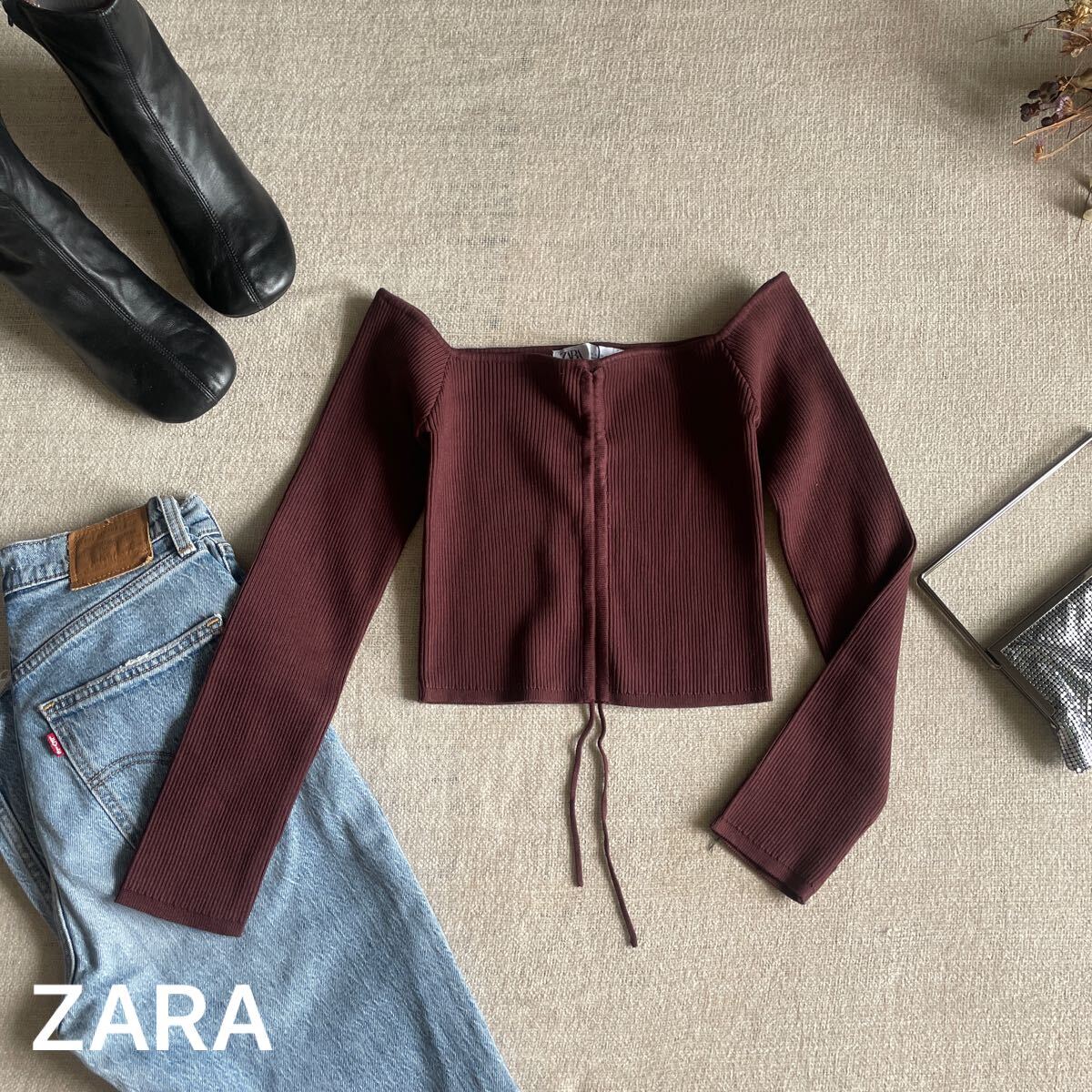 ZARA リブニットトップス 長袖 オフシャルダー ブラウン ザラ レディースLサイズ トップス ギャザー ブラウン 未使用 タイト拍卖