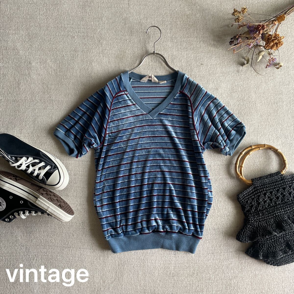 古着 トップス 半袖 ベロア ボーダー カットソー Tシャツ Vネック レディースLサイズ 美品 ブルー ベルベット USED ユーズド拍卖