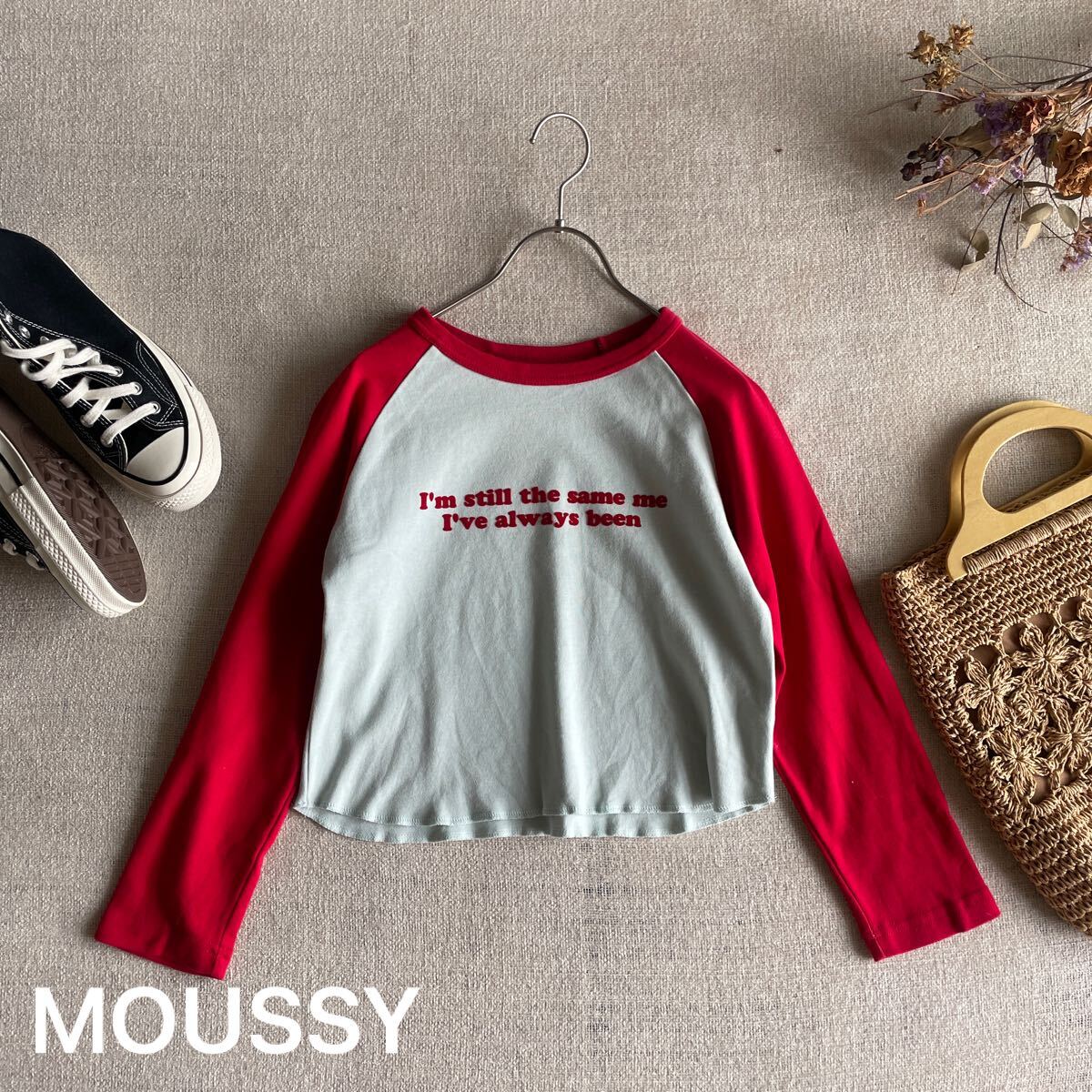 MOUSSY ラグラン Tシャツ 七分袖 赤 ロゴ ブルー マウジー レディースフリーサイズ 美品 カットソー トップス ブルー ロンT拍卖