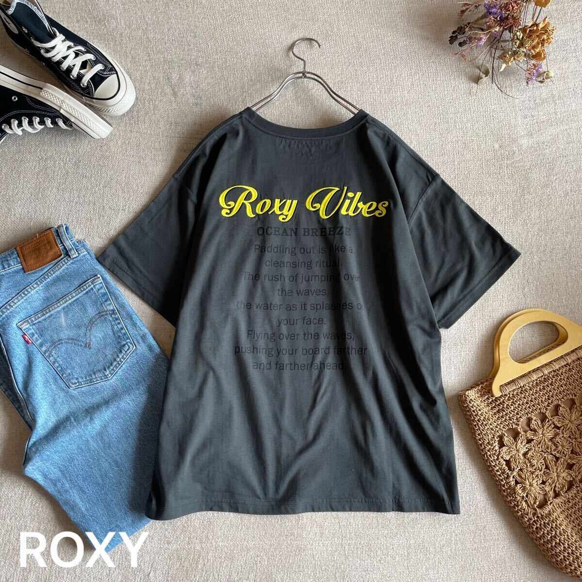 ROXY Tシャツ バックプリント ロゴ 刺繍 ビッグシルエット ロキシー 半袖 トップス カットソー 未使用 フリーサイズ ブラック拍卖