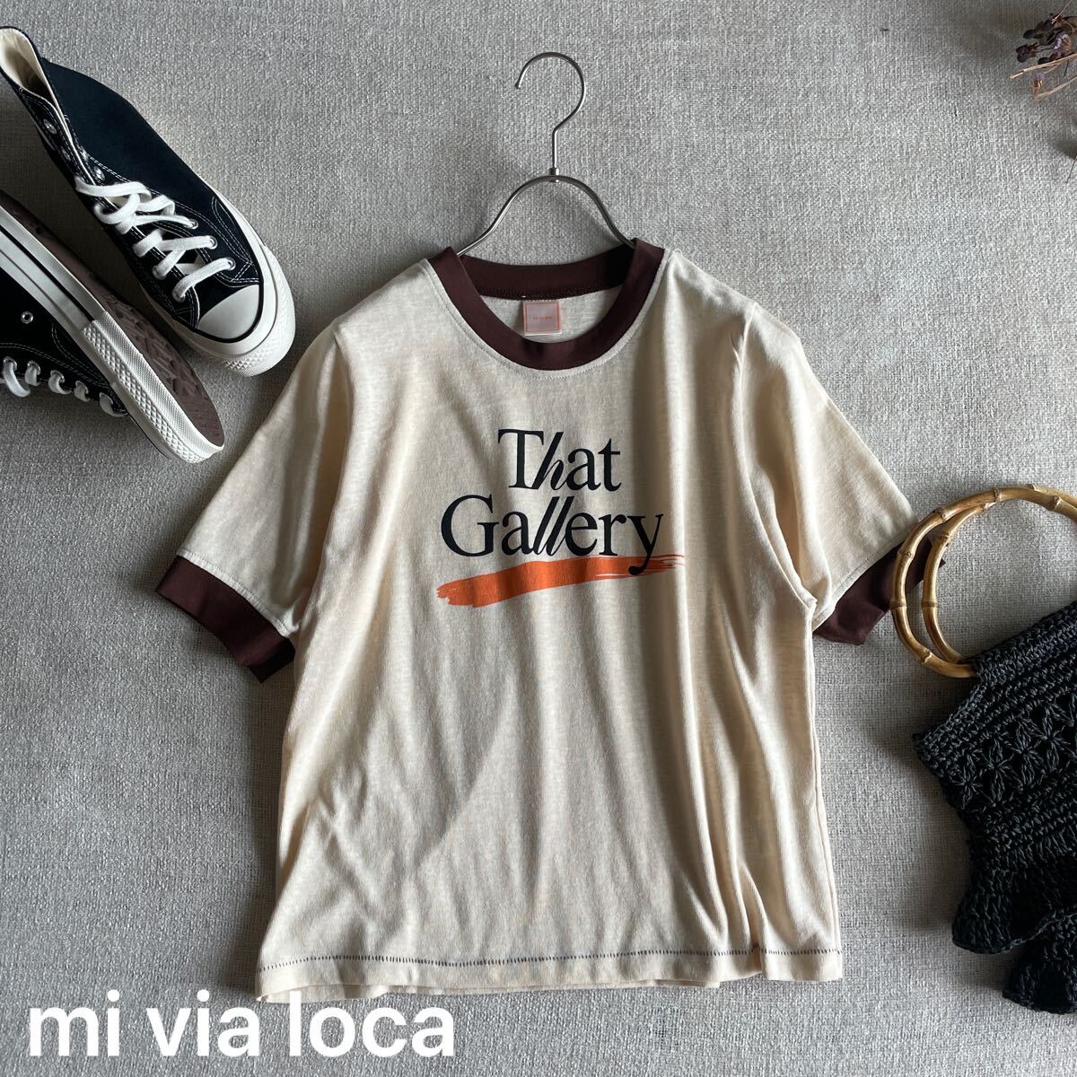 mi via loca リンガーTシャツ 半袖 ブラウン ロゴ リネン スラブ レディースフリーサイズ 未使用 美品 古着風 ベージュ拍卖