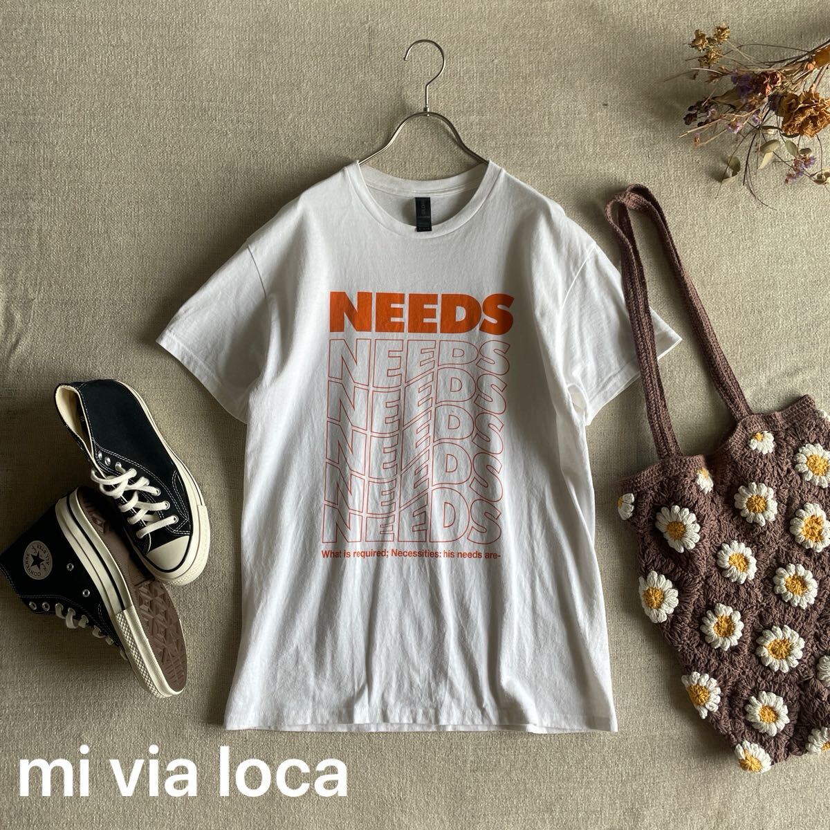 mi via loca Tシャツ ロゴ 半袖 カットソー GILDAN NEEDS Tシャツ 白 オレンジ 男女兼用 M7サイズ 美品 プリント コットン拍卖