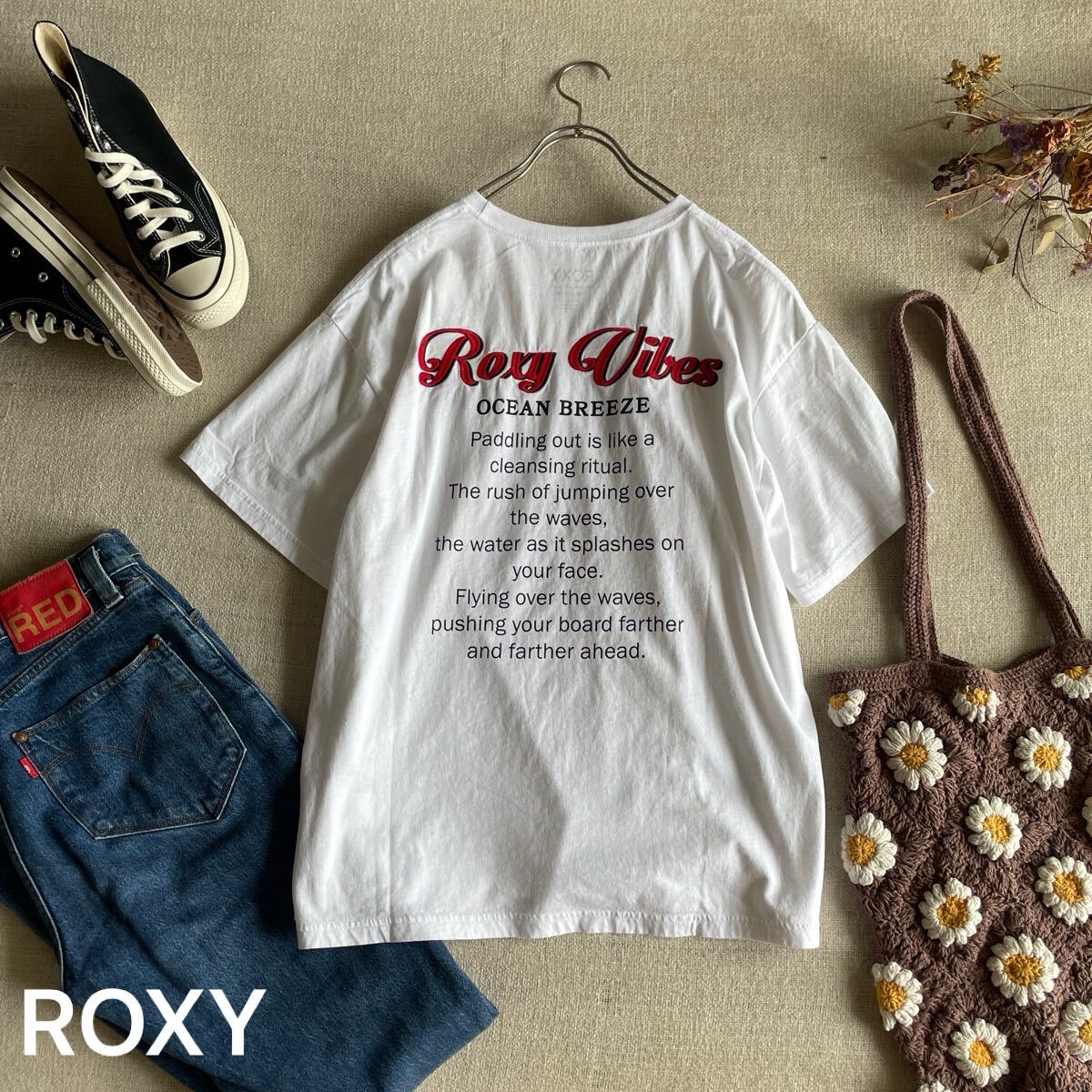 ROXY Tシャツ バックプリント ロゴ 刺繍 ビッグシルエット ロキシー 半袖 トップス カットソー 未使用 フリーサイズ 白 ホワイト拍卖