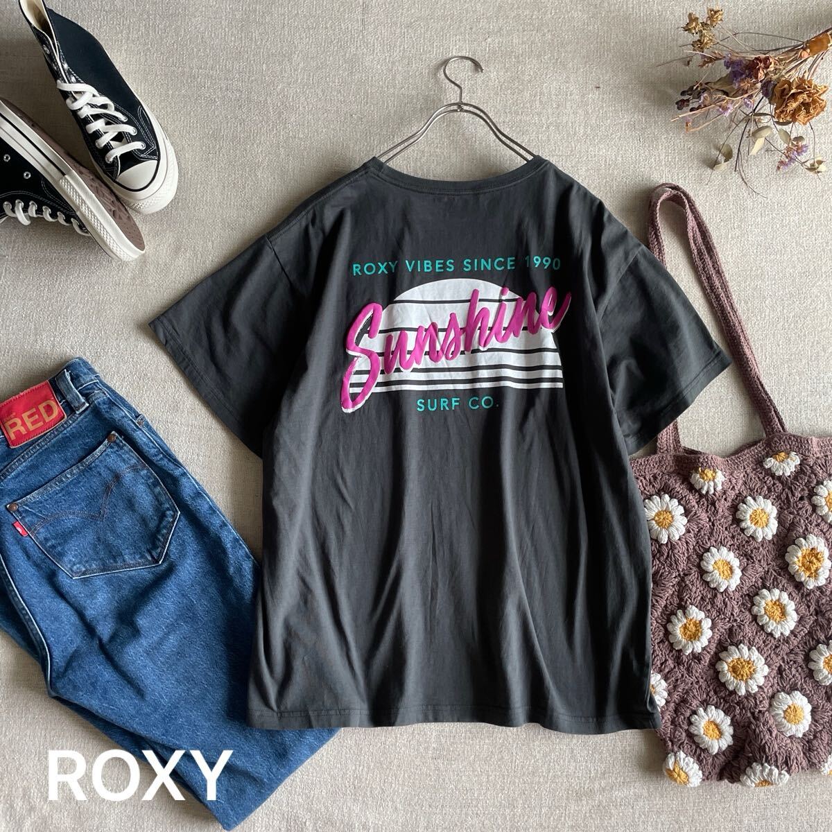ROXY Tシャツ 半袖 バックロゴ ロキシー トップス 未使用 ビッグシルエット トップス 黒 ブラック レディースフリーサイズ拍卖