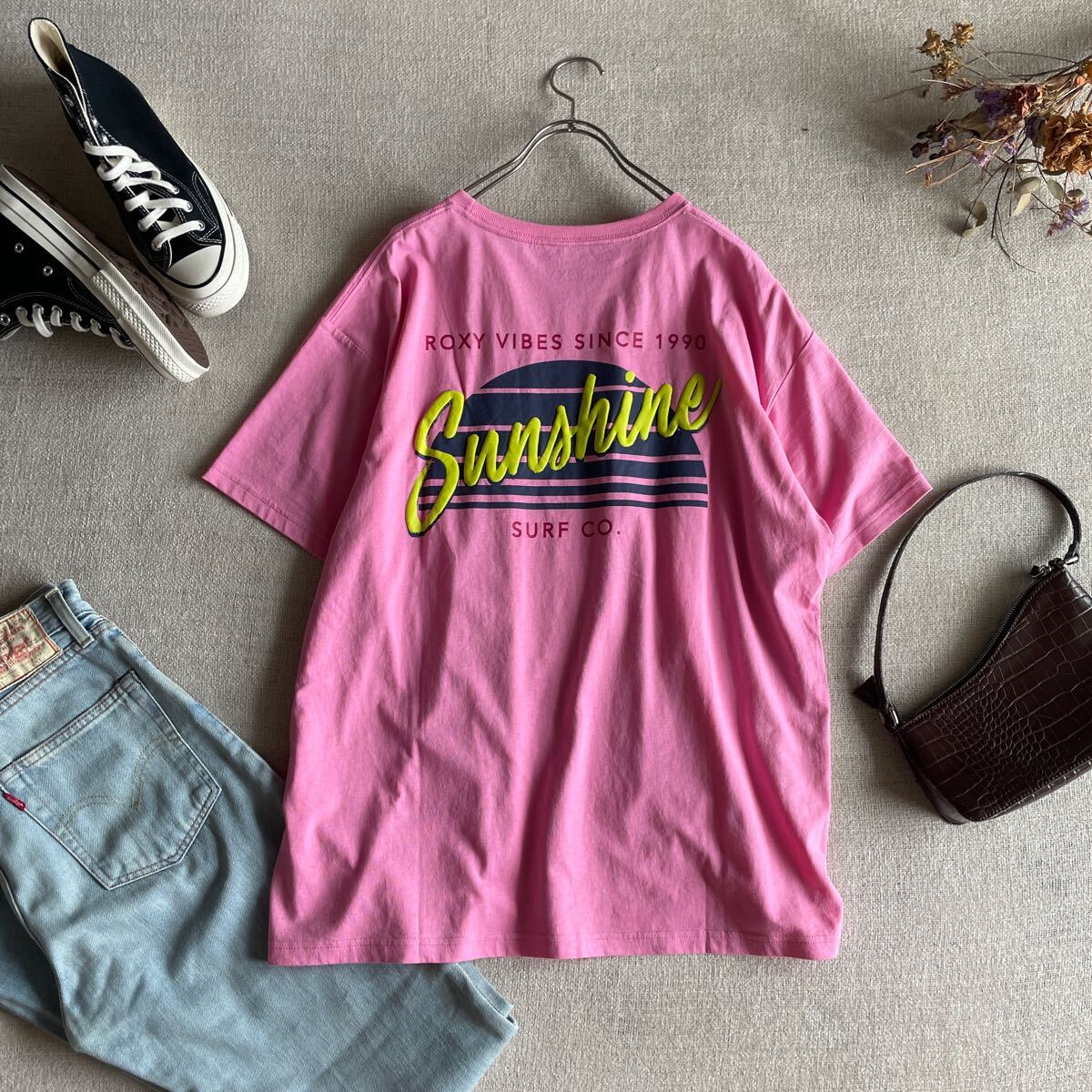 ROXY Tシャツ 半袖 バックロゴ ロキシー トップス 未使用 ビッグシルエット トップス ピンク レディースフリーサイズ カットソー拍卖