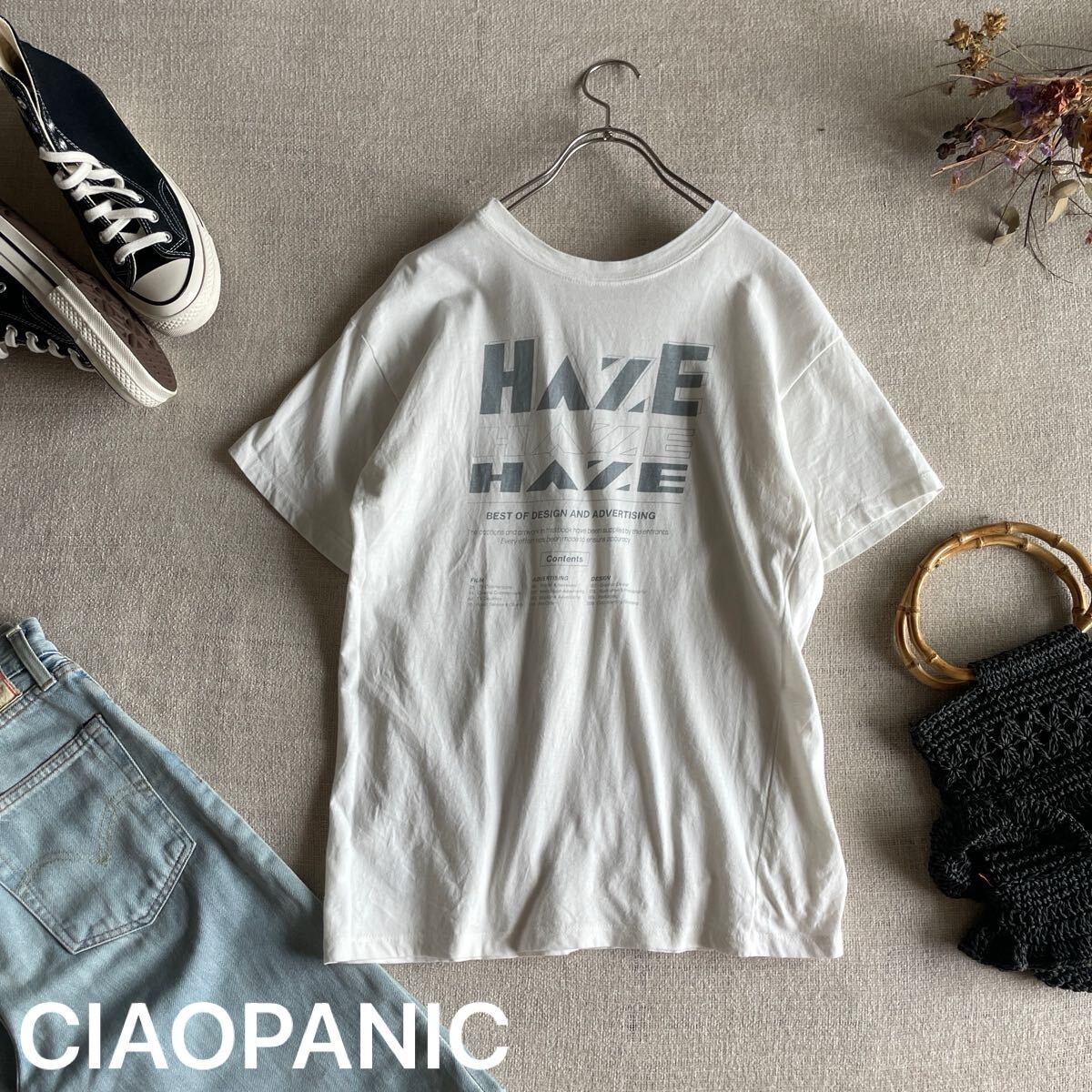 チャオパニック Tシャツ レディースフリーサイズ 白 バックロゴ 古着風 デザインプリント HAZE Tee トップス 半袖 カットソー 拍卖