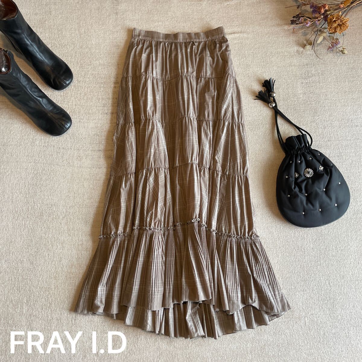FRAY I.D ティアードプリーツタフタスカート フレイアイディー ロングスカート マキシ ハイウエスト サイズ0 ボトムス 美品拍卖