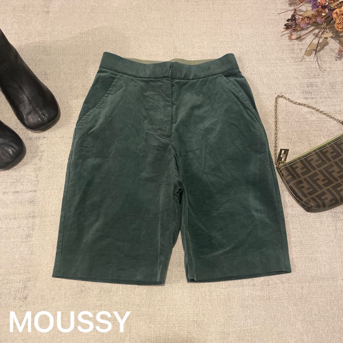 MOUSSY VELVET BIKER パンツ バイカーショーツ グリーン マウジー ベロア ベルベット サイズ2 ハーフパンツ ボトムス 美品拍卖