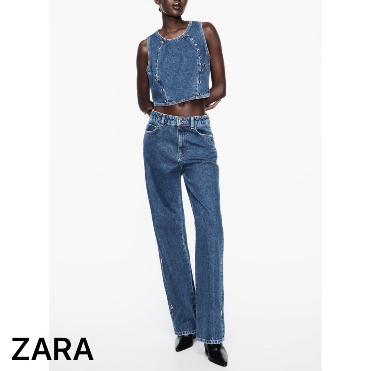 ZARA グロメットデニムパンツ ジーンズ ジーパン スタッズ ザラ レディース34 ボトムス 未使用 ハイウエスト ストレート拍卖